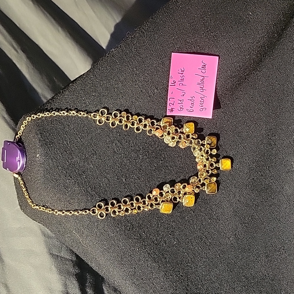 16" gold necklace with multi colored beads